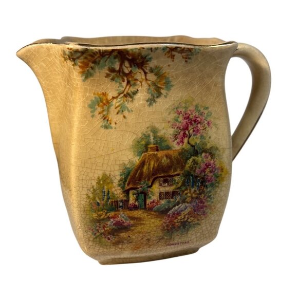 Falcon Ware Pitcher Creamer Vintage English Cottage Scene & Floral Crackle - Picture 5 of 9